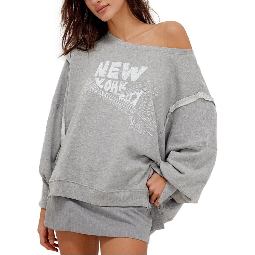 Free People Gray 'New York City' Off-Shoulder Sweatshirt